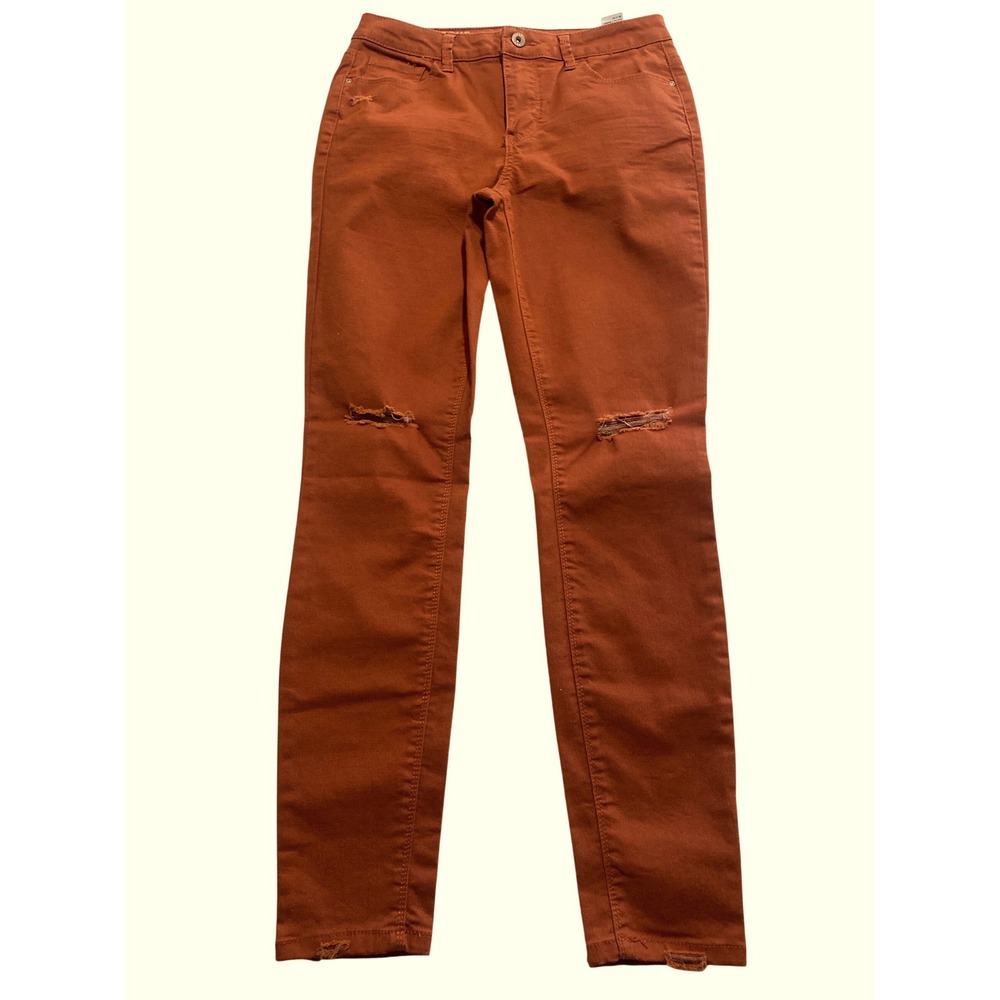 True Craft Womens Mid Rise Skinny Jeans Rust Orange Distressed Ripped Size 9
